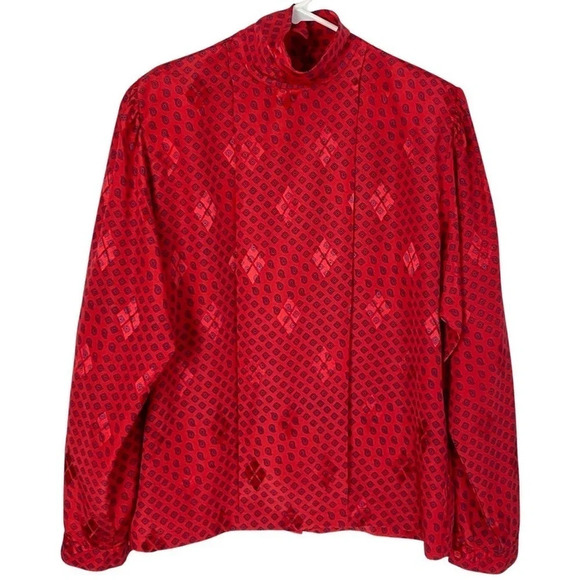 Vintage 90s Satin Mock Neck Blouse Shirt Womens Size Large Red Geometric Paisley - Picture 1 of 10